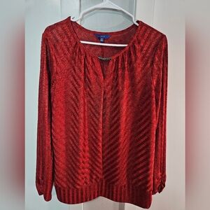 Red Sheer Chevron Stripe Long Sleeve Blouse with Gold Bar Neckline - XL